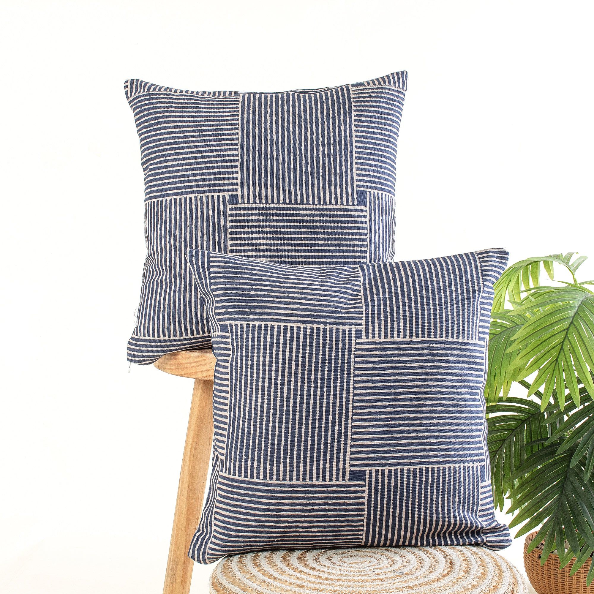 Blue Hand Block Print Cotton Canvas Cushion Cover